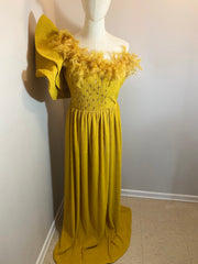 Golden Feather One-Shoulder Gown